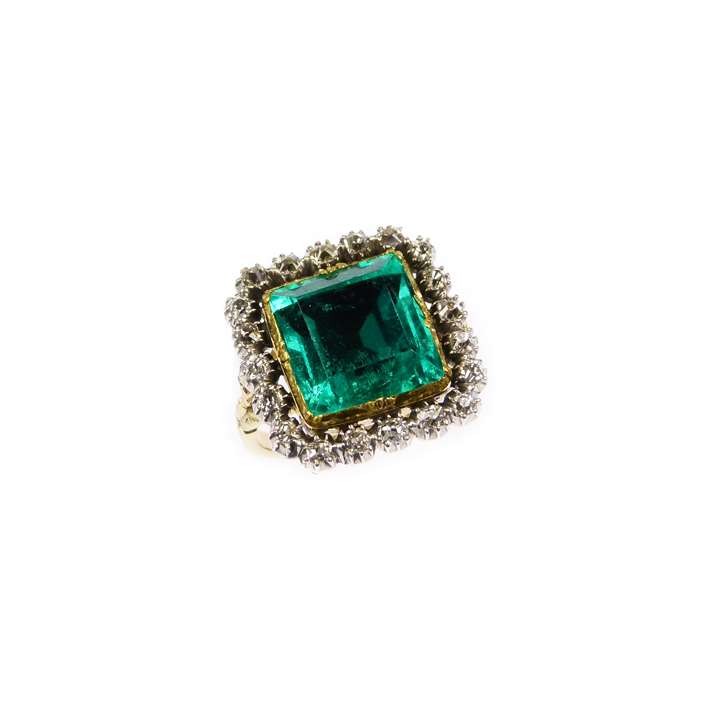 18th century square cut emerald and diamond cluster ring